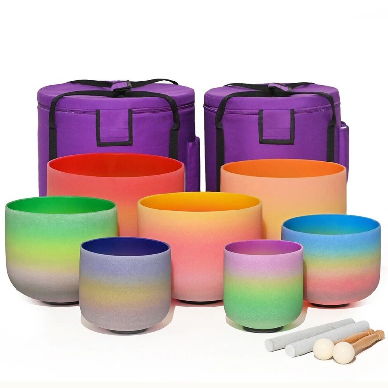 Luonnollinen 432Hz 6 12 tuuman 7 osainen sateenkaaren kvartsikristalli äänimaljasetti kantolaukulla