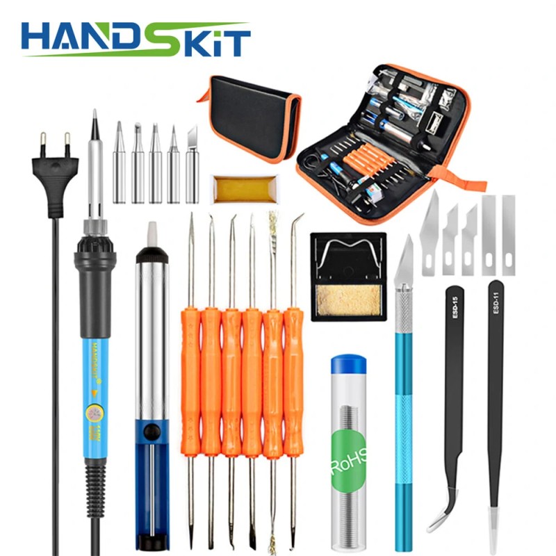 HANDSKIT EU pistoke 220V 60W säädettävä juotinsarja kahdeksanosainen mukana viisi juotoskärkeä ja pinsetit kannettava