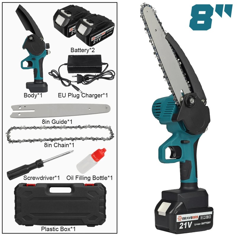 Bravobro akkukäyttöinen 8 tuuman ketjusaha Makitan 18 V akulle yhteensopiva