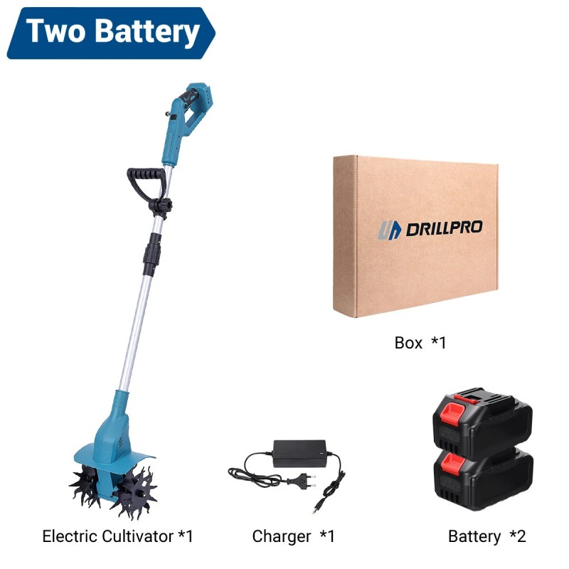 Drillpro sähköinen kultivaattori 21V 1500W harjaton moottori 150mm terä 150mm leikkuusyvyys kahdella akulla