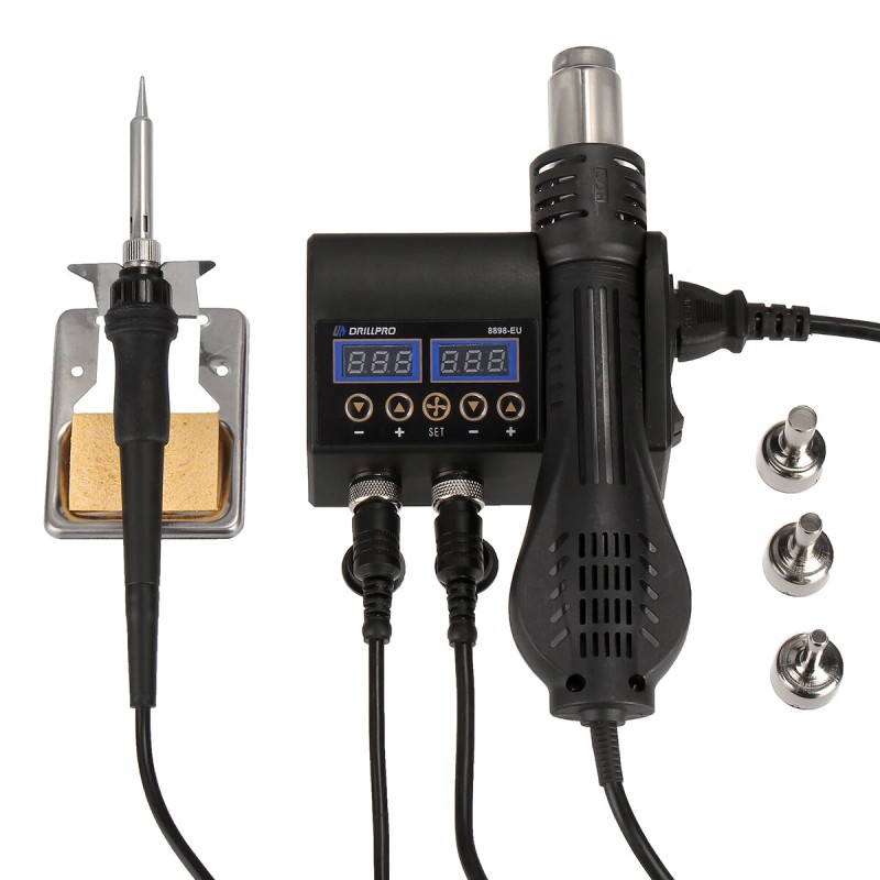 Drillpro kaksitoiminen juotosasema 750W 220V kuumailmalla ja juotin kaksoisnäytöllä kompakti automaattijäähdytys
