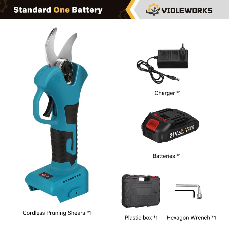 VIOLEWORKS 21V harjaton oksasakset 1500mAh akku EU laturi ergonominen sininen musta CE laatikko