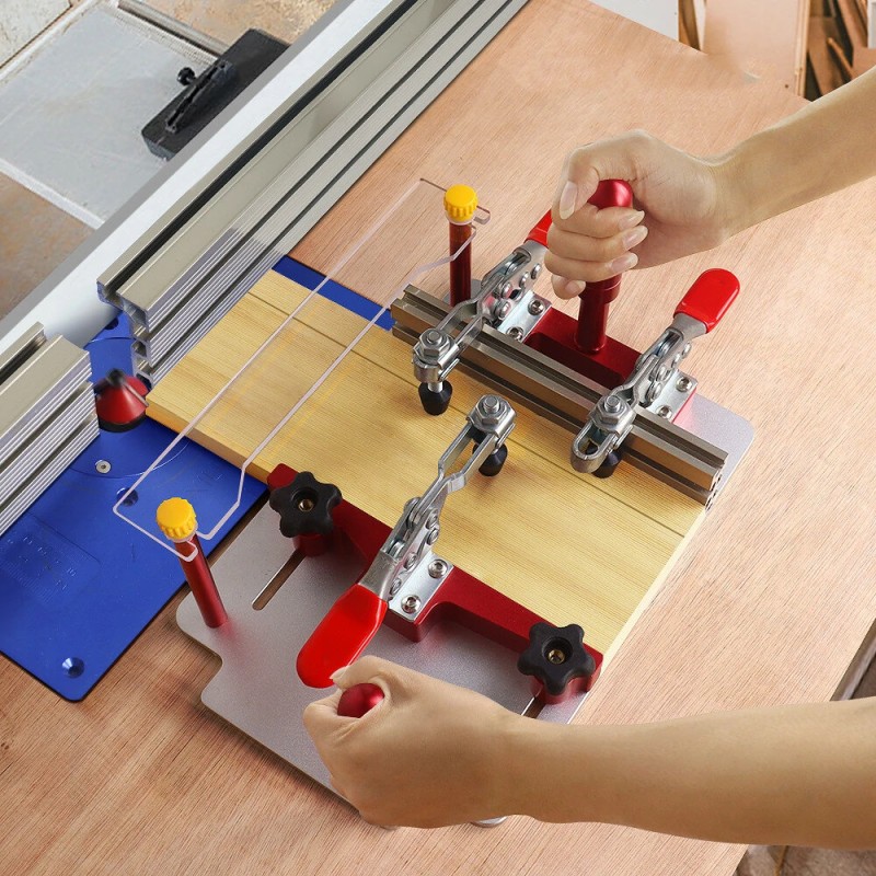 Kisko opastekelkka jyrsinpöydälle puristimilla tarkkoihin etusarjojen leikkauksiin oville ja laatikoille