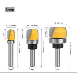 Kolmeosainen monikokoinen pyöreäkärkinen jyrsinteräsarja puulle kovametallilla ja laakerilla