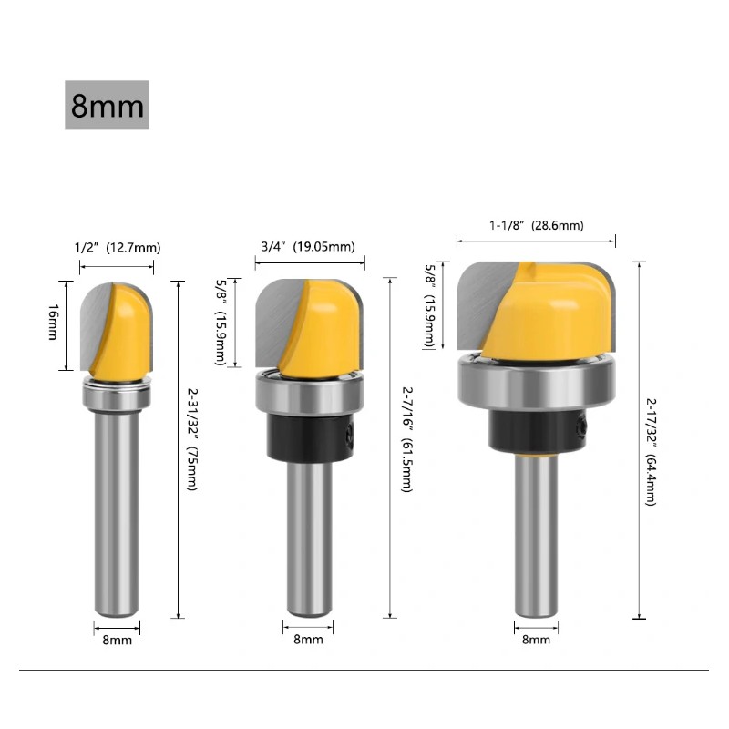 Kolmeosainen monikokoinen pyöreäkärkinen jyrsinteräsarja puulle kovametallilla ja laakerilla
