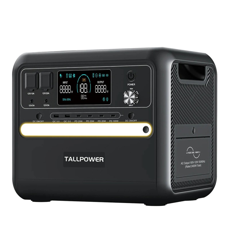 TALLPOWER V2400 kannettava virtalähde 2160Wh LiFePO4 2400W UPS aurinkolataus PD 100W led