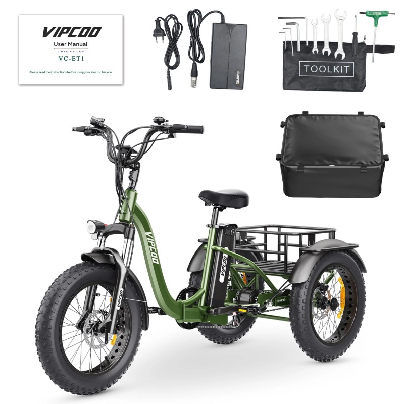 VIPCOO VC ET1 sähkökäyttöinen kolmipyöräkuormaaja 48V 20Ah akku 750W moottori 20 tuumaiset renkaat 150kg kantavuus