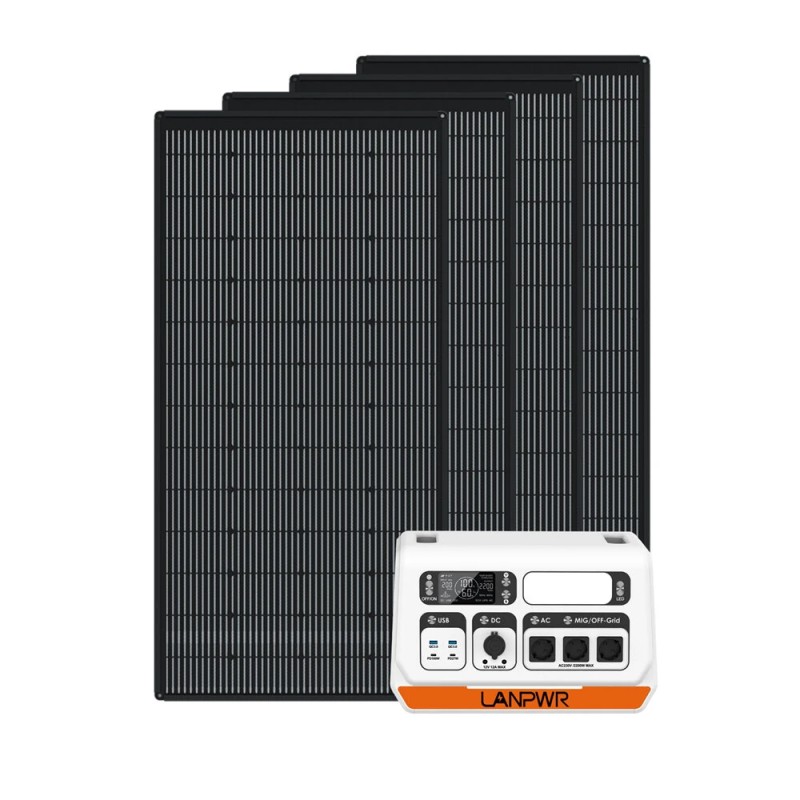 LANPWR 2400PRO kannettava virtalähde LiFePO4 2048Wh 2400W verkkoon kytkettävä invertteri 4 kpl 180W aurinkopaneelia