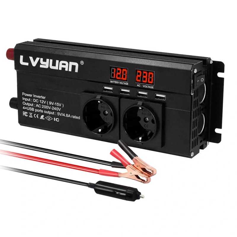 LVYUAN 12V 230V invertteri 1000W jatkuva teho 2000W huipputeho EU pistoke led näyttö muokattu siniaalto 4 usb porttia F 1000A