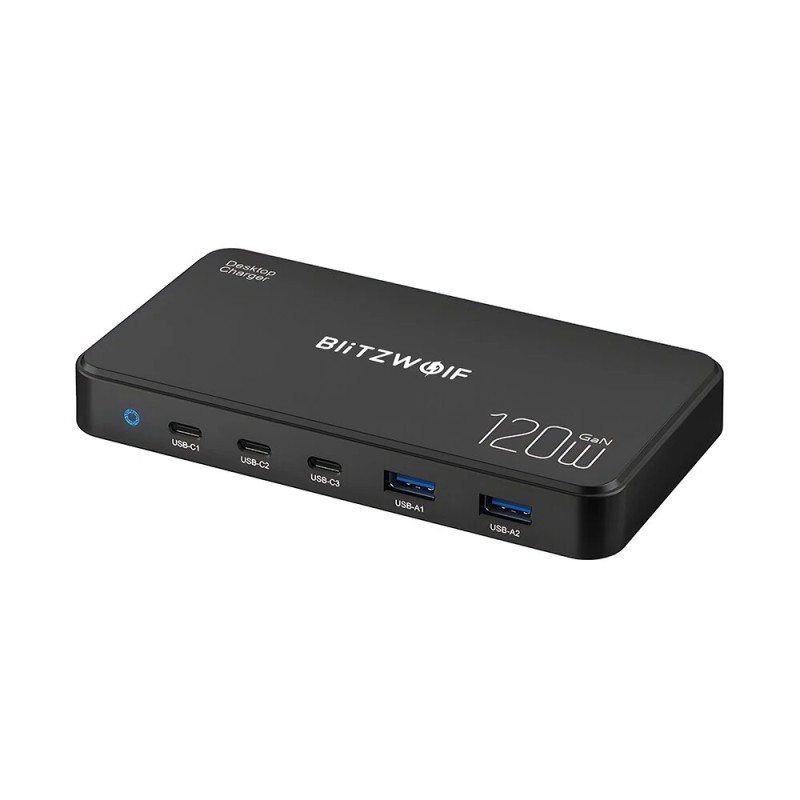 Blitzwolf BW i100 120W 5 porttinen PD lataustasema EU pistokkeella 2 USB A 3 USB C