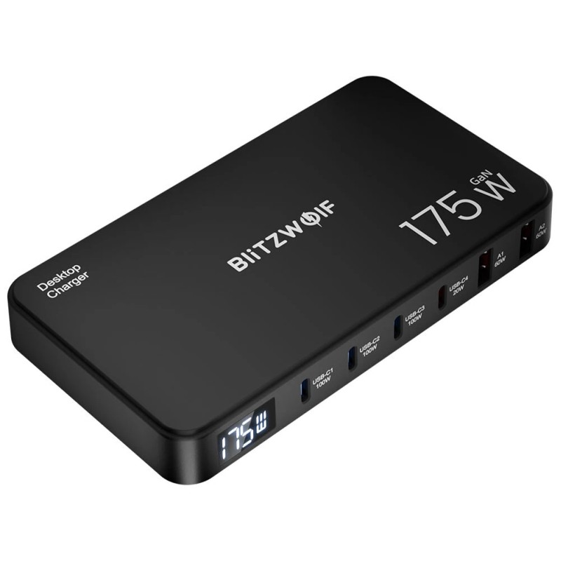 Blitzwolf BW S30 175W 6 porttinen usb pd työpöytälatausasema 4x usb c 2x usb a digitaalinäytöllä