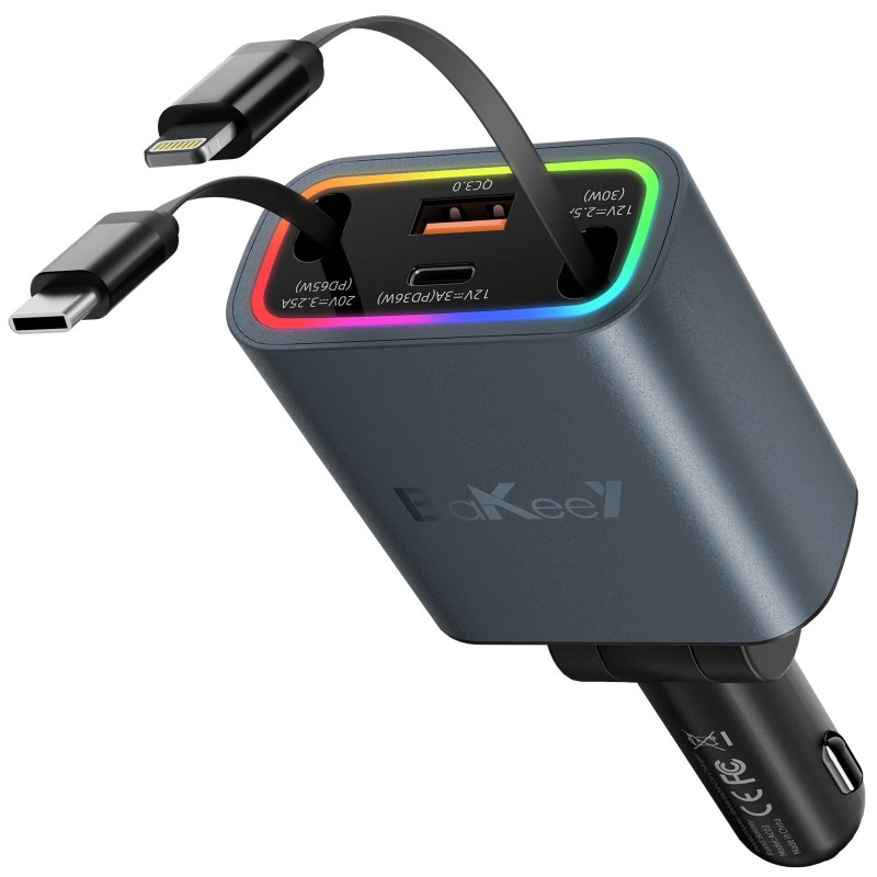 Bakeey sisäänvedettävä 131 W nelitoiminen autolaturi iPhone ja C tyypin kaapelilla