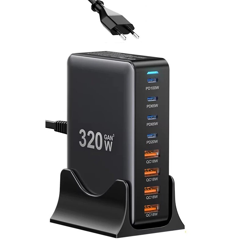 ESSAGER YMX 320W 320W GaN 8 porttinen pöytälaturi 4 USB C porttia 4 USB A porttia