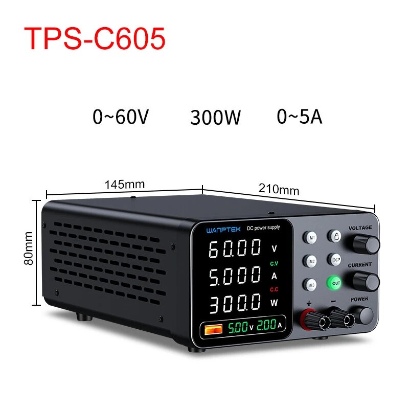 WANPTEK TPS C1203 säädettävä tasavirtalähde 0 120V 0 3A 360W digitaalinen näyttö USB pikalataus