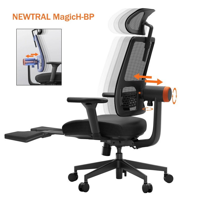 Newtral MagicH BP ergonominen työtuoli jalkatuella automaattisella lannetukella ja nelisuuntaisilla käsinojilla