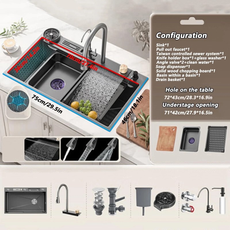 Ammattimainen keittiön pesuallas nano vesiputouksella ulosvedettävä hana ruostumaton teräs yksiallas valumalevy asennusreijillä