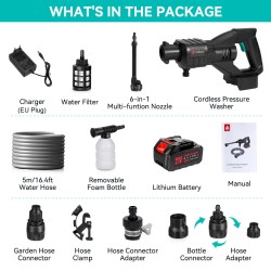 Kuusitoiminen säädettävä suutin 21V kannettava akkukäyttöinen korkeapainepesuri musta 5 m vesiletkulla