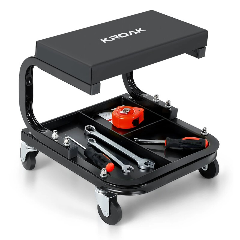 Vahvarakenteinen auton huoltojakkara mekaanikolle työkalulokerolla 120 kg kantavuus