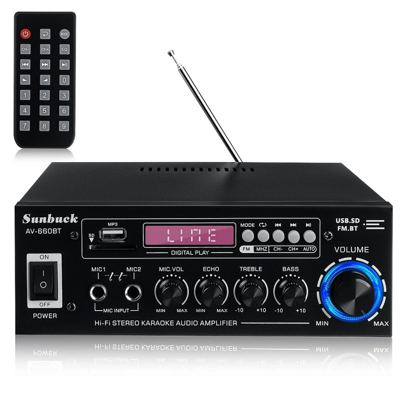 Sunbuck AV 660BT 2000W bluetooth 5 0 audiovahvistin taajuuskorjain stereo autoon kotiin aux usb fm radio