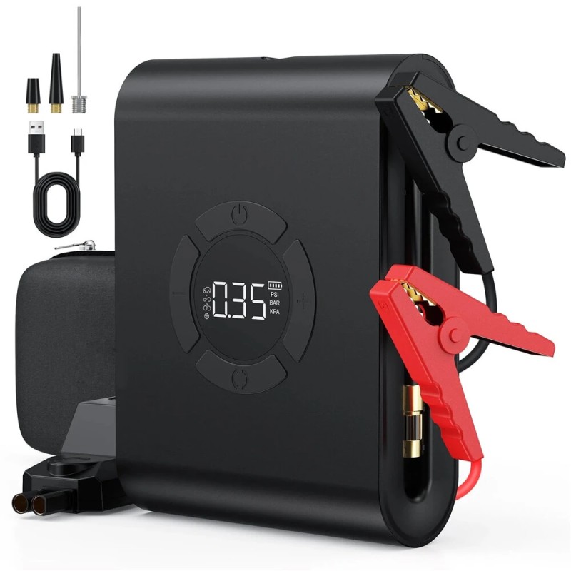 Kannettava 2000A apukäynnistin ja ilmakompressori 150PSI 16000mAh varavirtapankki led taskulamppu