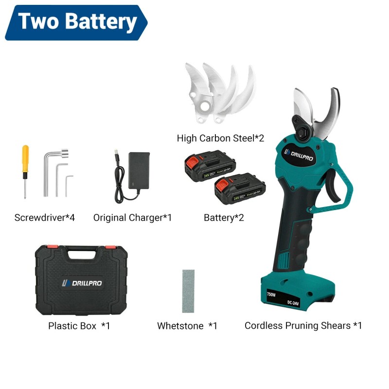 Drillpro 24 V langattomat akkukäyttöiset oksasakset 750 W 7500 mAh 30 mm lisäteräsarjat