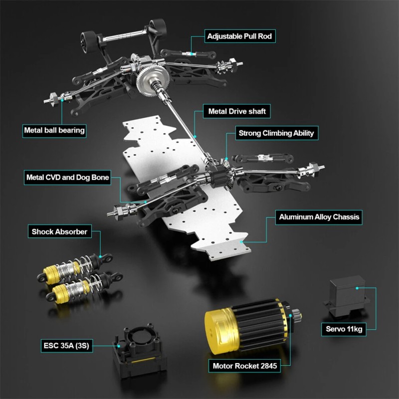 JIUSI MT14R 1/14 skaala valmis radio-ohjattava neliveto harjaton 80 km/h maastoauto metallinen alusta