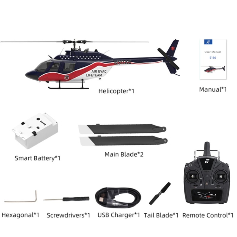 Eachine E186 skaalahelikopteri 1:27 Bell-206-tyyppi 2,4 GHz 6-kanavainen korkeudenhallinnalla optisella paikannuksella