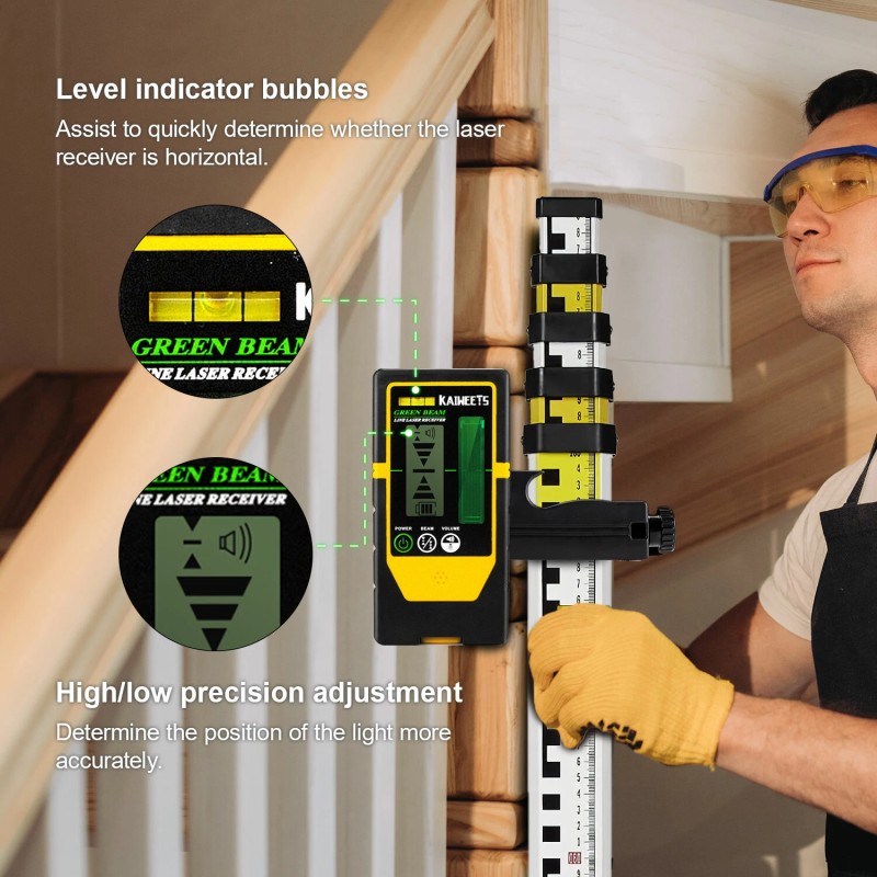 KAIWEETS LR100G laservastaanotin yhteensopiva KT360A/B 60 metrin kantama kaksipuolisilla LED-merkkivaloilla säädettävä piippari