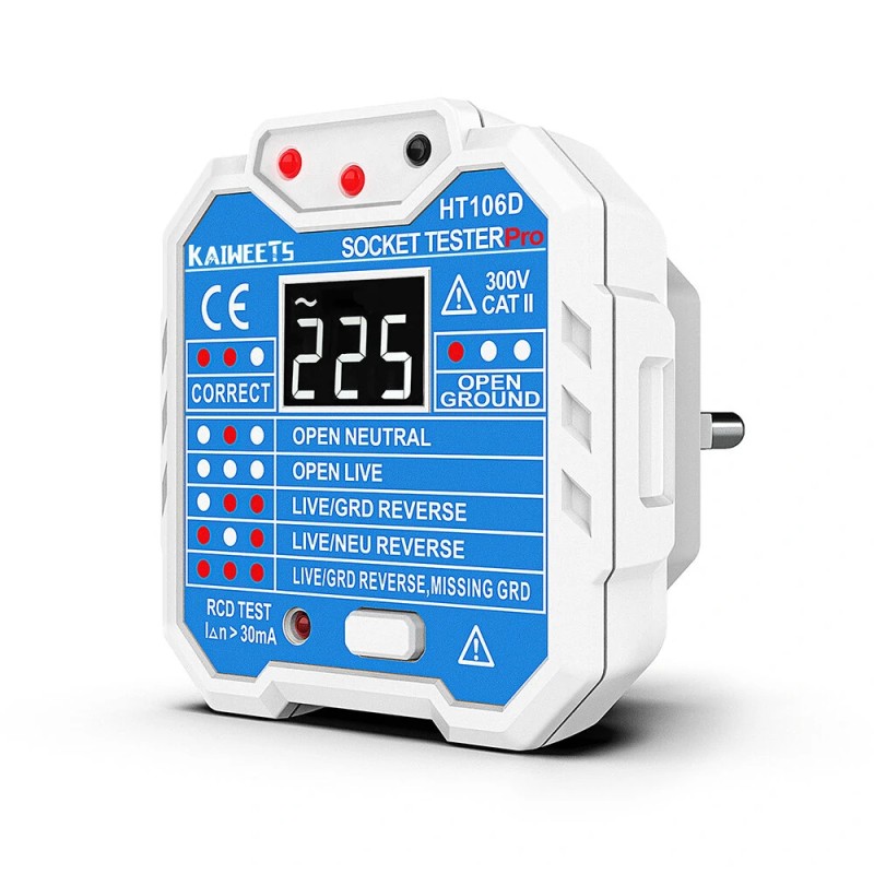 KAIWEETS HT106D pistorasiatesteri GFCI jännitenäytöllä LED merkkivaloilla EU pistoke CAT III 300V palosuojattu ABS