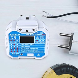 KAIWEETS HT106D pistorasiatesteri GFCI jännitenäytöllä LED-merkkivaloilla EU-pistoke CAT III 300V palosuojattu ABS