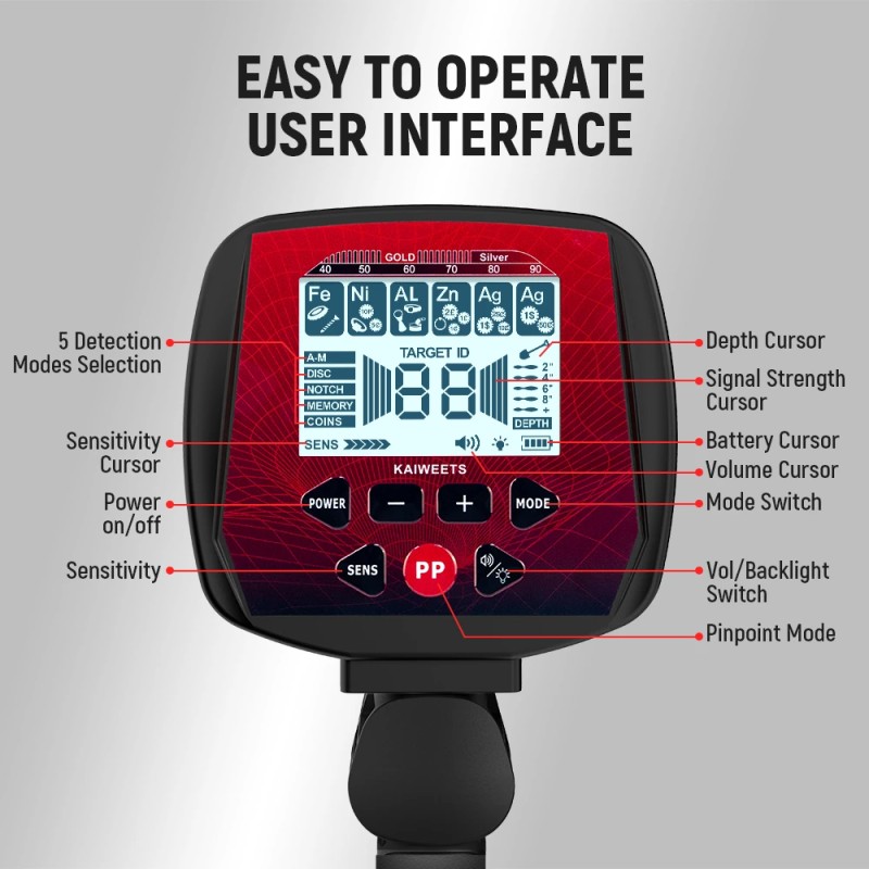 KAIWEETS EXPLORER X ammattimainen metallinilmaisin kuusi tunnistustilaa IP68-vedenpitävä kela säädettävä varsi