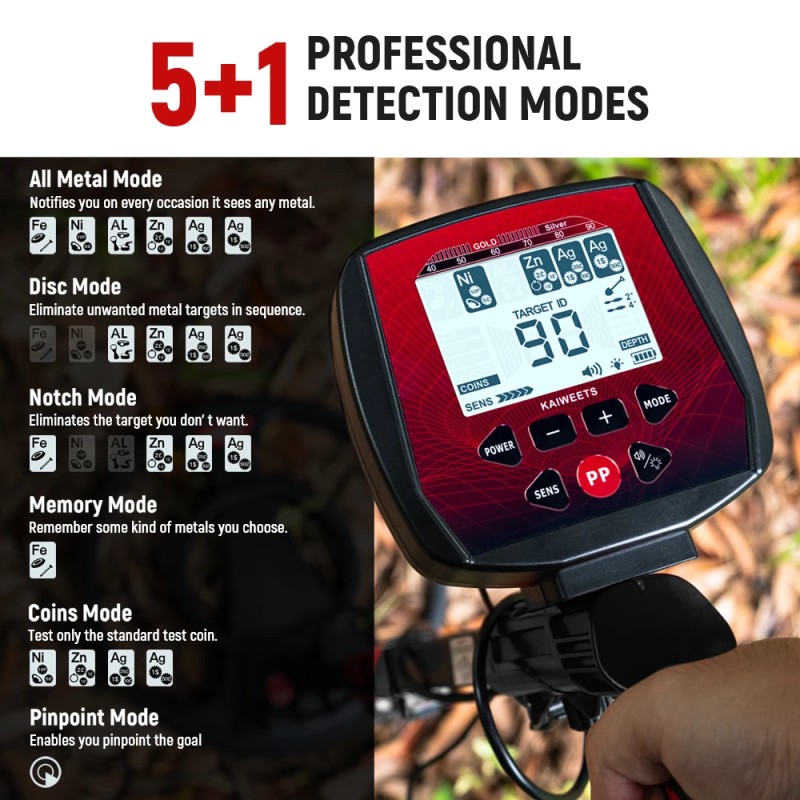 KAIWEETS EXPLORER X ammattimainen metallinilmaisin kuusi tunnistustilaa IP68-vedenpitävä kela säädettävä varsi