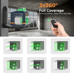 CIGMAN CM-701T itsetasaava 3x360° vihreät laserlinjat kaukosäätimellä ladattavalla akulla 1,5m jalustalla IP54