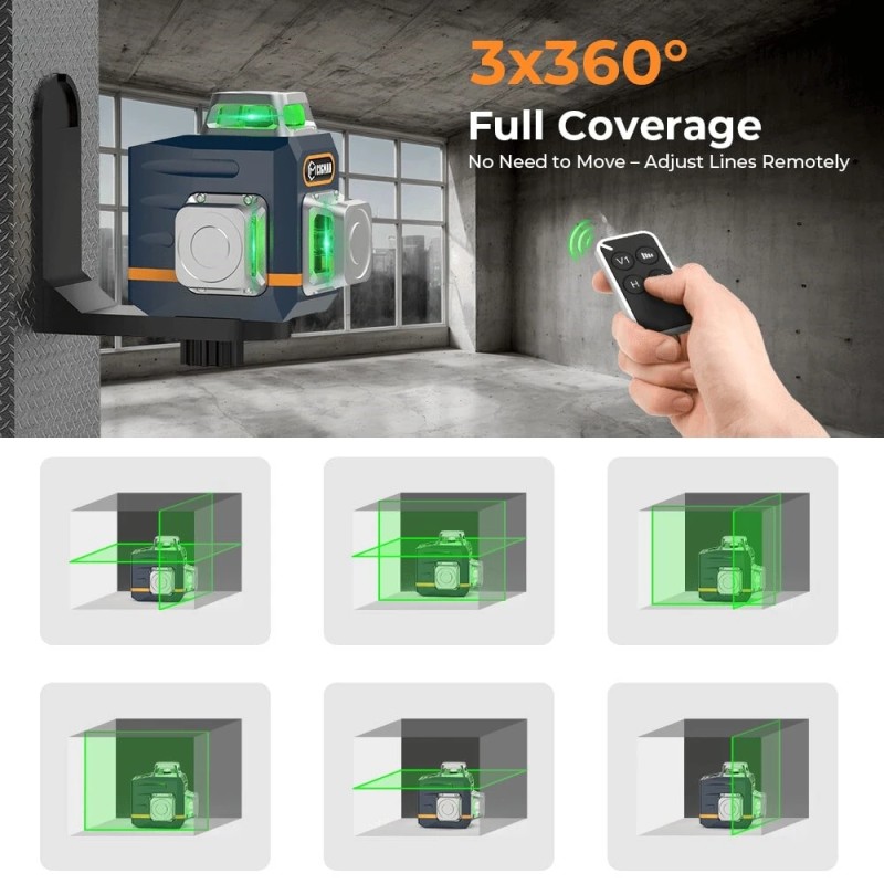 CIGMAN CM-701T itsetasaava 3x360° vihreät laserlinjat kaukosäätimellä ladattavalla akulla 1,5m jalustalla IP54