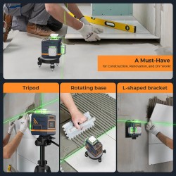 CIGMAN CM-701T itsetasaava 3x360° vihreät laserlinjat kaukosäätimellä ladattavalla akulla 1,5m jalustalla IP54