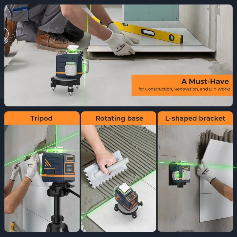 CIGMAN CM-701T itsetasaava 3x360° vihreät laserlinjat kaukosäätimellä ladattavalla akulla 1,5m jalustalla IP54
