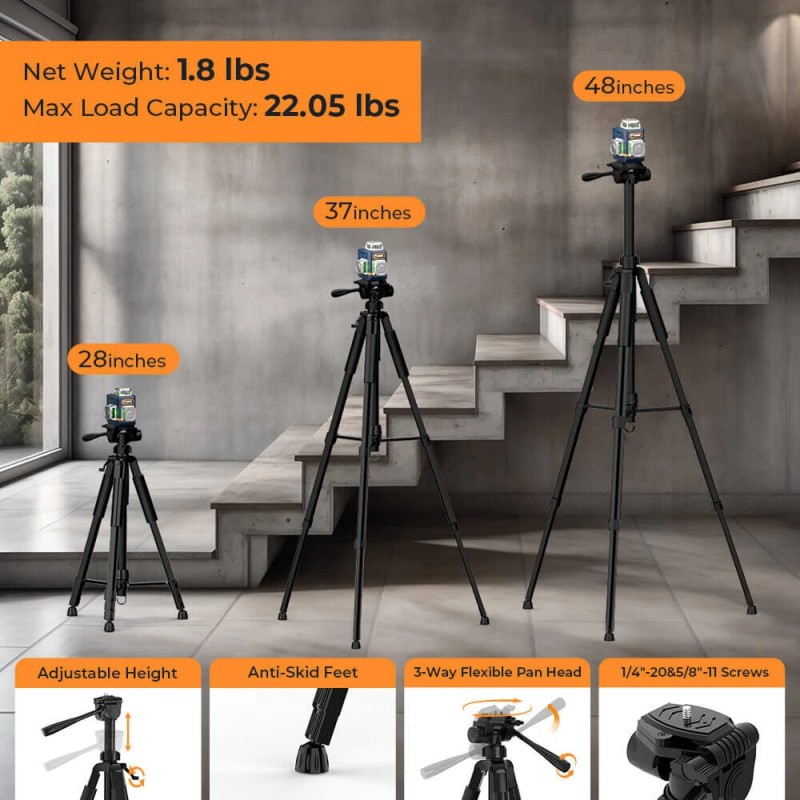 CIGMAN CM-701T itsetasaava 3x360° vihreät laserlinjat kaukosäätimellä ladattavalla akulla 1,5m jalustalla IP54