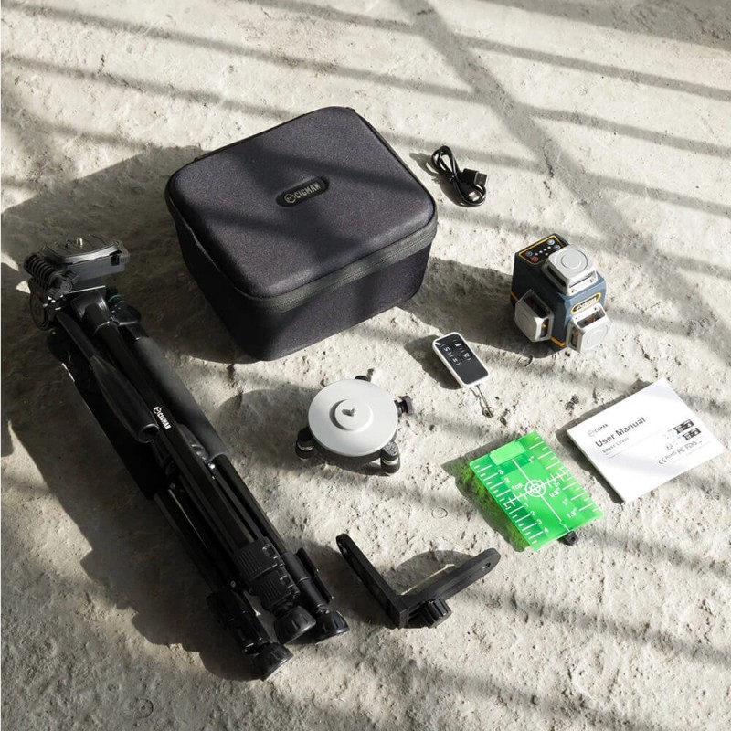 CIGMAN CM-701T itsetasaava 3x360° vihreät laserlinjat kaukosäätimellä ladattavalla akulla 1,5m jalustalla IP54