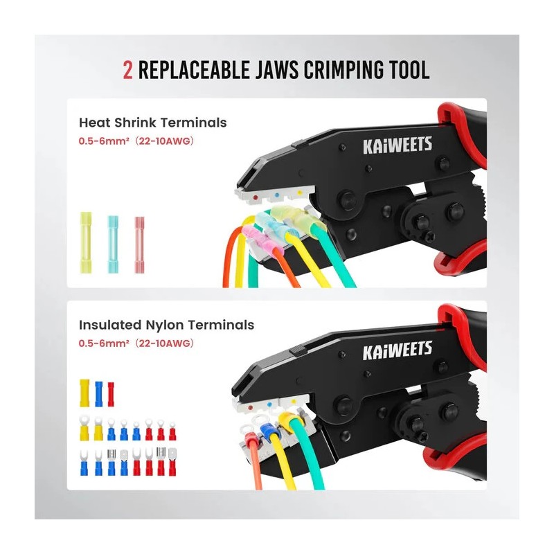KAIWEETS KDC02 puristustyökalu AWG 22-10 kutistesukkaliittimille ja eristetyille sähköliittimille säädettävä räikkä