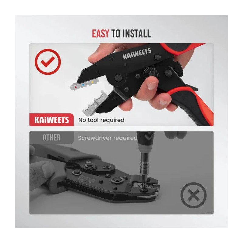 KAIWEETS KDC02 puristustyökalu AWG 22-10 kutistesukkaliittimille ja eristetyille sähköliittimille säädettävä räikkä
