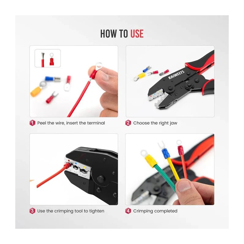KAIWEETS KDC02 puristustyökalu AWG 22-10 kutistesukkaliittimille ja eristetyille sähköliittimille säädettävä räikkä