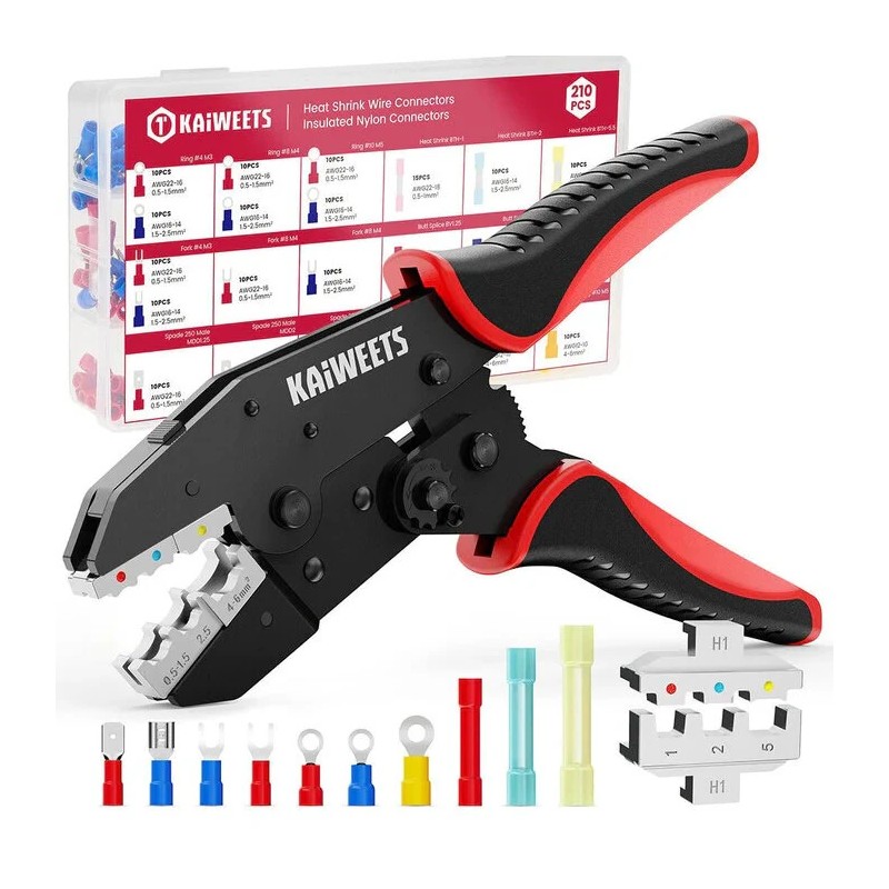 KAIWEETS KDC02 puristustyökalu AWG 22-10 kutistesukkaliittimille ja eristetyille sähköliittimille säädettävä räikkä