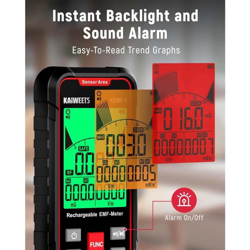 KAIWEETS KEMF-1 kolmitoiminen säteilyilmaisin ladattava magneettikenttä sähkökenttä radiotaajuus langaton hälytin trendikaavio