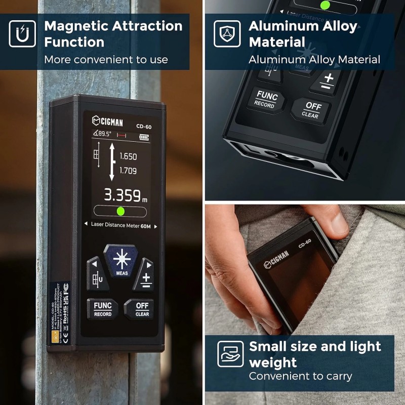 CIGMAN CD-60 120 metrin kaksoislaserinen etäisyysmittari ladattava tarkka monitoiminen