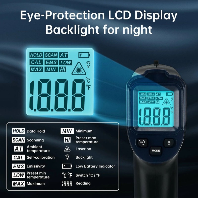 ERICKHILL ROOK600 SP infrapunalämpömittari säädettävällä emissiivisyydellä ja lämpötilahälytyksellä