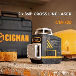 CIGMAN CM-720/CM-720SE 2x360° itsetasautuva vihreä lasertaso C-tyypin latauksella magneettinen L-kiinnike kaukosäätimellä