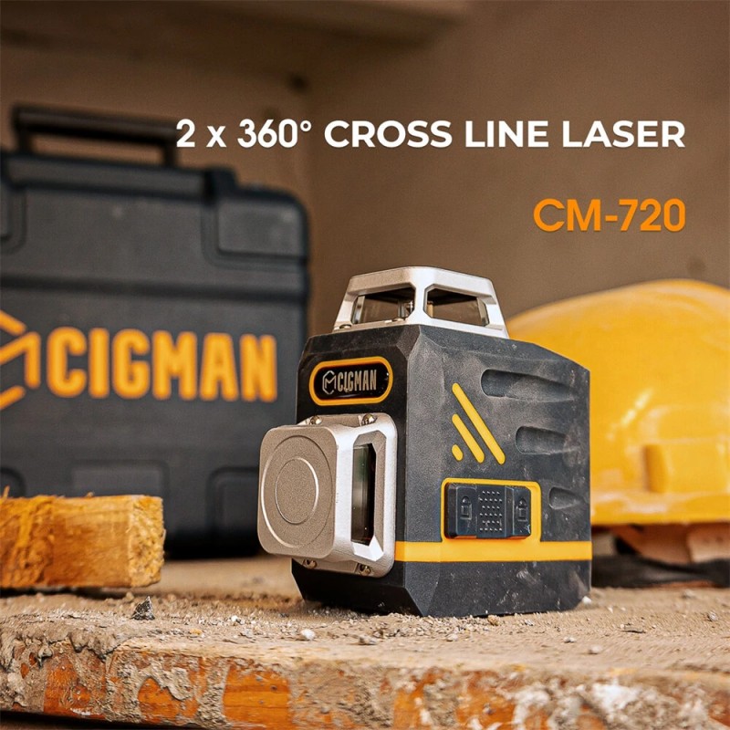 CIGMAN CM-720/CM-720SE 2x360° itsetasautuva vihreä lasertaso C-tyypin latauksella magneettinen L-kiinnike kaukosäätimellä