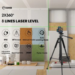CIGMAN CM-720/CM-720SE 2x360° itsetasautuva vihreä lasertaso C-tyypin latauksella magneettinen L-kiinnike kaukosäätimellä
