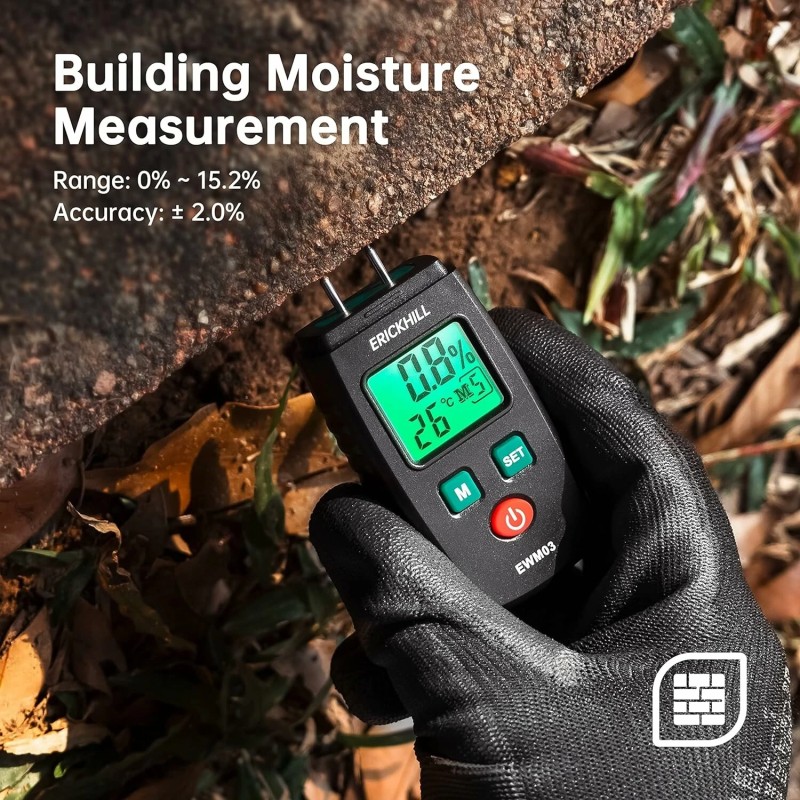 Erickhill EWM03 kompakti puun kosteusmittari tarkka kannettava monitoiminen taustavalaistu näyttö automaattinen virrankatkaisu
