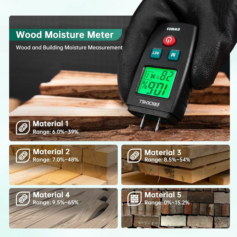 Erickhill EWM03 kompakti puun kosteusmittari tarkka kannettava monitoiminen taustavalaistu näyttö automaattinen virrankatkaisu
